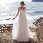 Пляжное свадебное платье, модель 2021 года, с длинным рукавом-фонариком, с круглым вырезом, в пол, со шлейфом и пуговицами сзади, индивидуальный пошив