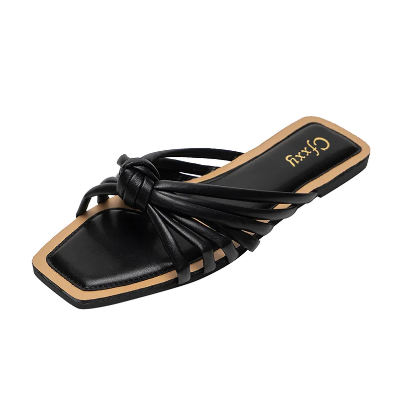 

2021 Summer Women's Slippers Fashion Woven Hollow Out Design Comfortable Square Head Flat-bottomed Female Sandals Woman Shoes