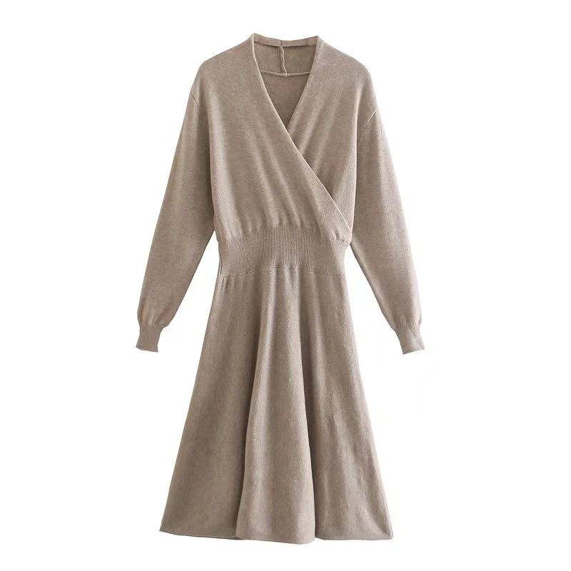 

Женское трикотажное платье с длинным рукавом, повседневное длинное платье с V-образным вырезом и поясом на резинке, модель ST9915 на осень, 2021