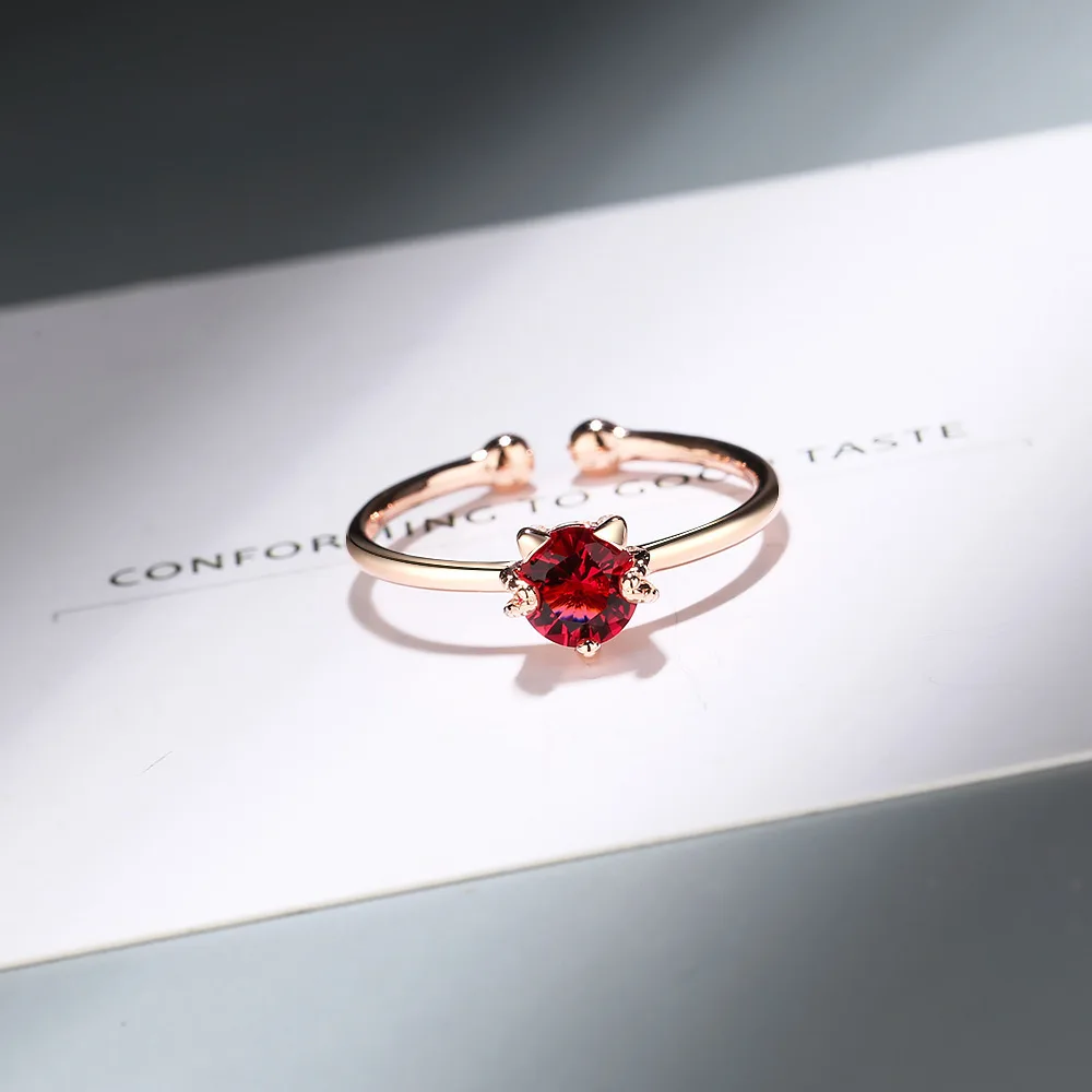 Женское кольцо с красным цирконием серебристое котенком в стиле бохо|Кольца| |