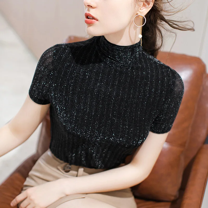 

Women's new style early autumn short sleeves with fashionable bright silk women's flash silk top