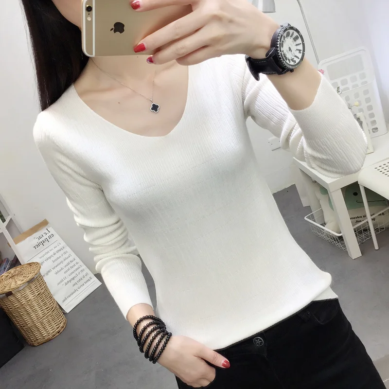 

Autumn and Winter 2018 New V-neck Pure-color Knitted Bottom Shirt Short Slim Sleeve Woman's Top