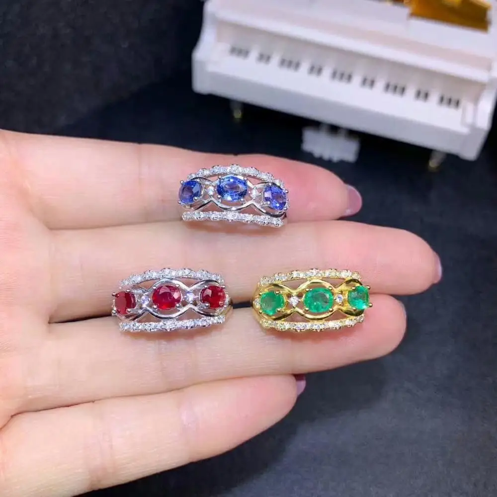 

SHILOVEM 925 STERLING SILVER NATURAL RUBY EMERALD SAPPHIRE RINGS FINE JEWELRY TRENDY WEDDING OPEN GIFT 4*5MM DJ0405881AGMLH