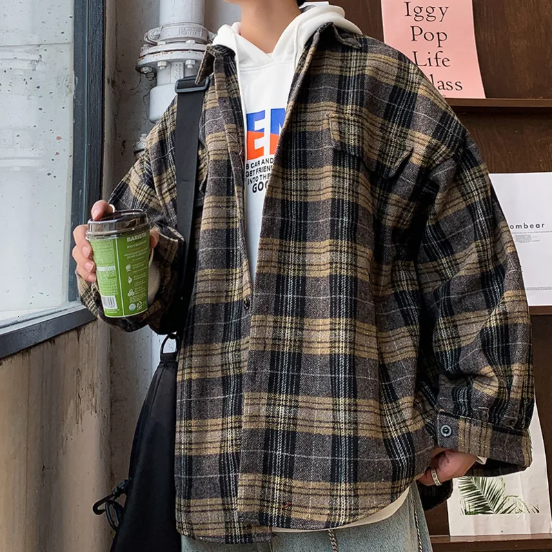

Thick Plaid Shirt Men's Fashion Casual Long-sleeved Shirt Men Retro Woolen Jacket Mens Streetwear Loose Woolen Coat Male Outwear