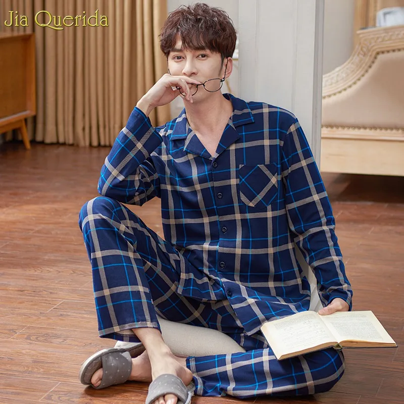 Мужская пижама зима осень длинный рукав пижамный комплект 100% Хлопок Ночная