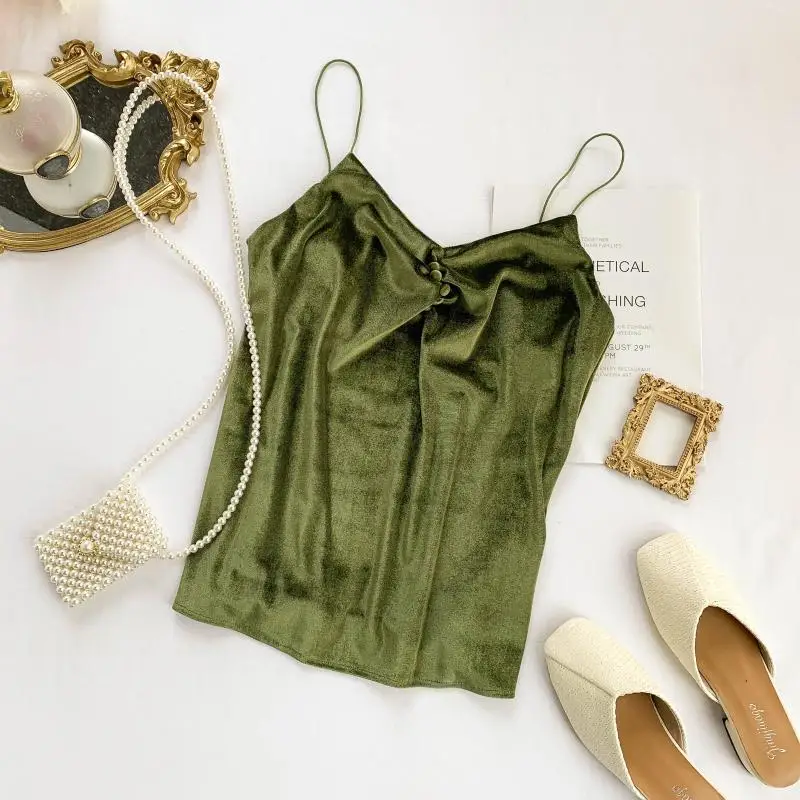 Осенняя Женская кружевная Вельветовая Облегающая майка на пуговицах