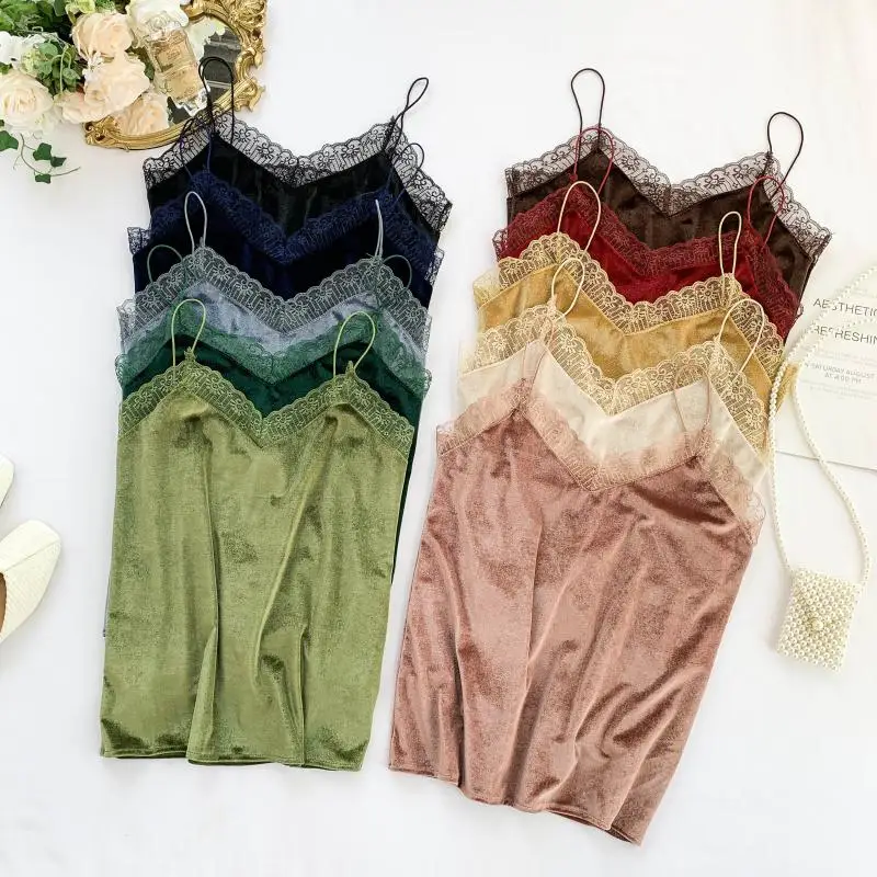 Новая Осенняя Женская кружевная Лоскутная бархатная майка с регулируемой талией