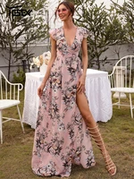 yesexy deep v neck maxi floral dress beach women long sleeve print lace party casual summer sexy pink prom elegant dresses new