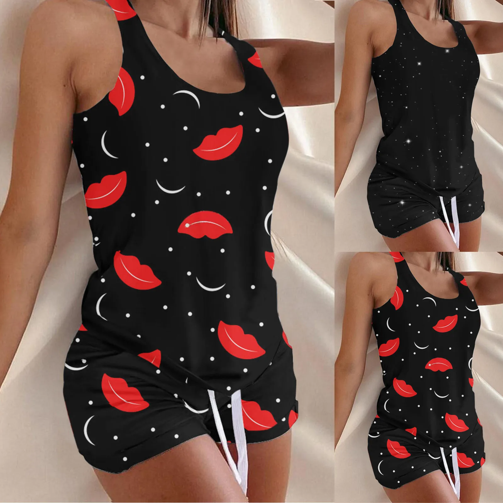 

Women Start Printing Sport Sets Casual Sleeveless Set Casual Vest Two-piece Suit Summer Cami Shorts Lingerie Sleepwear Set