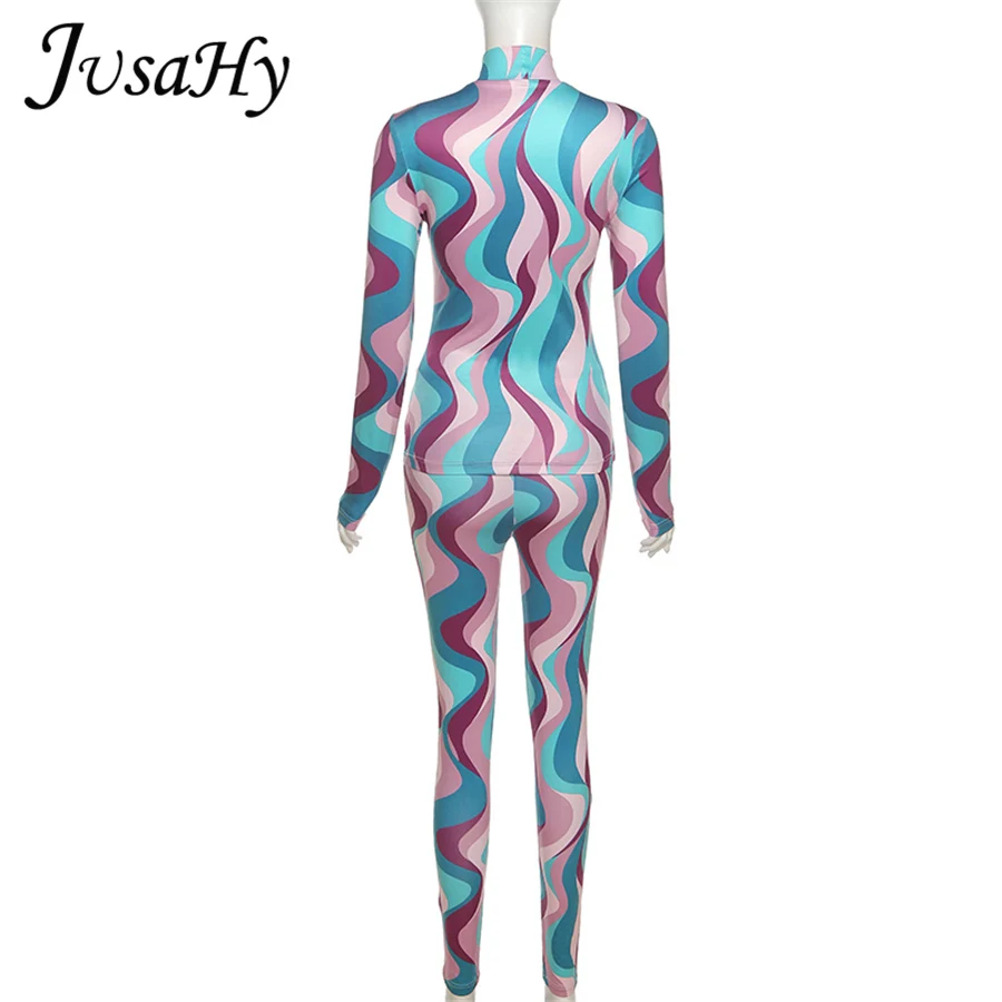

JuSaHy Autumn Aesthetic Print Women's Two Pieces Sets Stand Collar Long Sleeves Crop Top And Pants Body-Shaping Matching Outfits