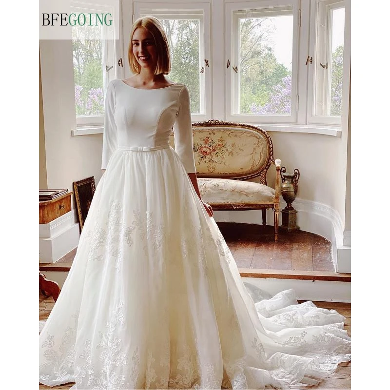 

Ivory Organza Lace 3/4 Sleeves Floor-Length Princess A-Line Wedding Dresses Chapel Train Bridal Gowns Custom Made