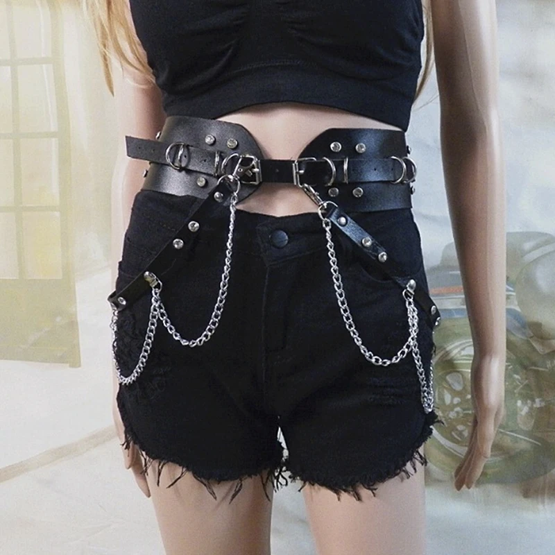 

Gothic Punk Waist Belts Leather Belt Women Ring Chain Rhinestone