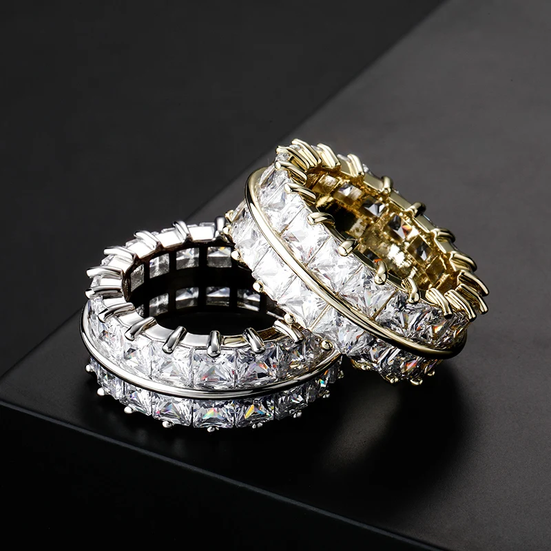 

Hip Hop 2 Rows Square CZ Stone Bling Ice Out 10mm Round Finger Rings for Men Rapper Jewelry Gift Drop Shipping