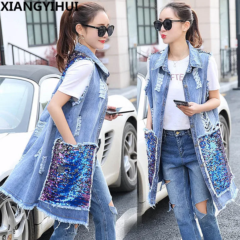 

Женский джинсовый жилет с блестками, длинный жилет с дырками без рукавов размера плюс, весна-осень 2019