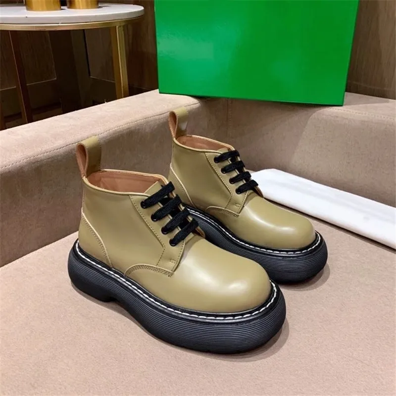 

2021 Winter Women Genuine Leather Ankle Boots Fashion Designer Lac Up Thick Sole Chelsea Boots Gothic Round Toe Short Booties