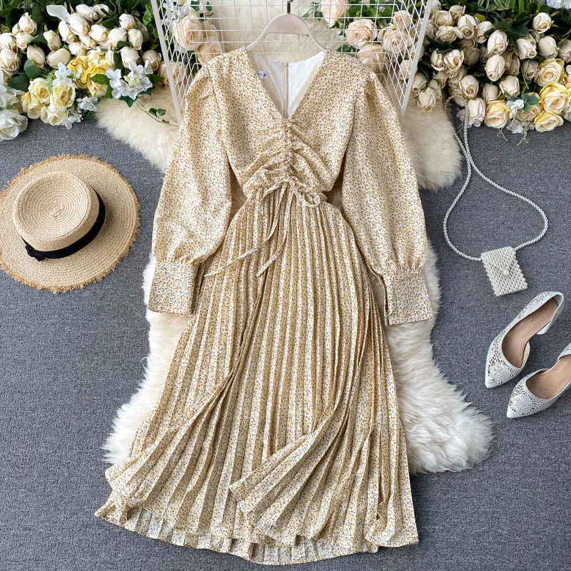 Платье SINGRAIN женское Плиссированное с цветочным принтом элегантное милое платье