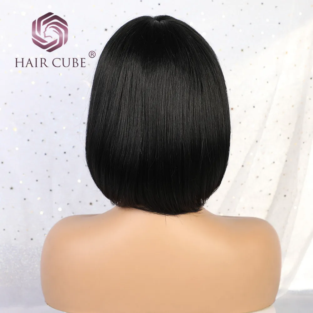 Haircube синтетические 8 дюймов парик 50% человеческие волосы натуральный черный Парики с аккуратные челки короткие прямые синтетические волосы парики из натуральных волос для Для женщин