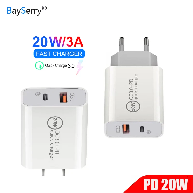 

BaySerry 20W 5V 9V 2A 3A USB PD Charger Type C Power 2 Ports Travel Wall Quick Charger FCP for iPhone 12 11 Pro Samsung Huawei