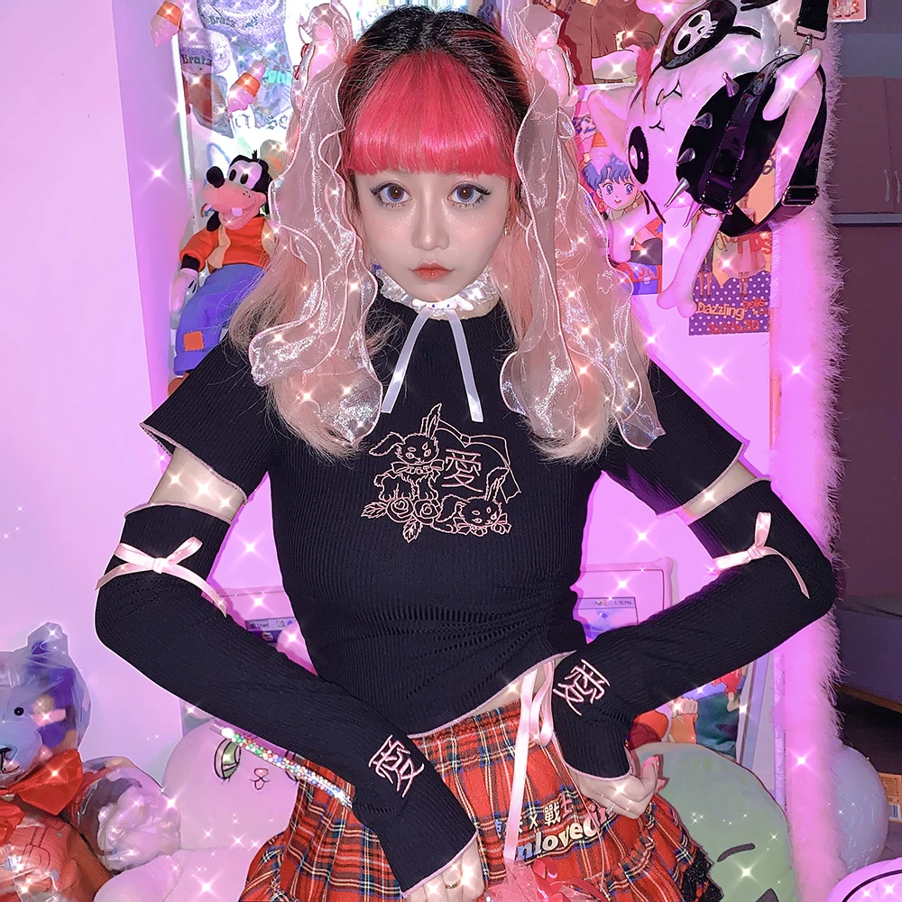 

Японская Футболка Harajuku с двухмерной вышивкой из мультфильма «Туку», футболка с коротким рукавом и бантом, футболки с отправкой на рукав