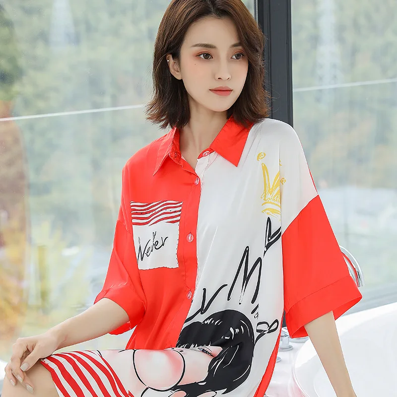 

Oversize Silky Sleep Shirt Women Nightdress Nightwear Casual Print Sleepwear Nightgown Sexy Intimate Lingerie Home Clothes