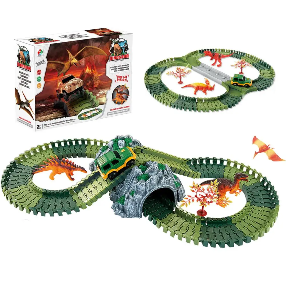 

Dinosaur Toy Track Set For Kids 144-pcs Flexible Race Track Playset Boys Toys Includes Dinosaurs Car & Accessories Construct