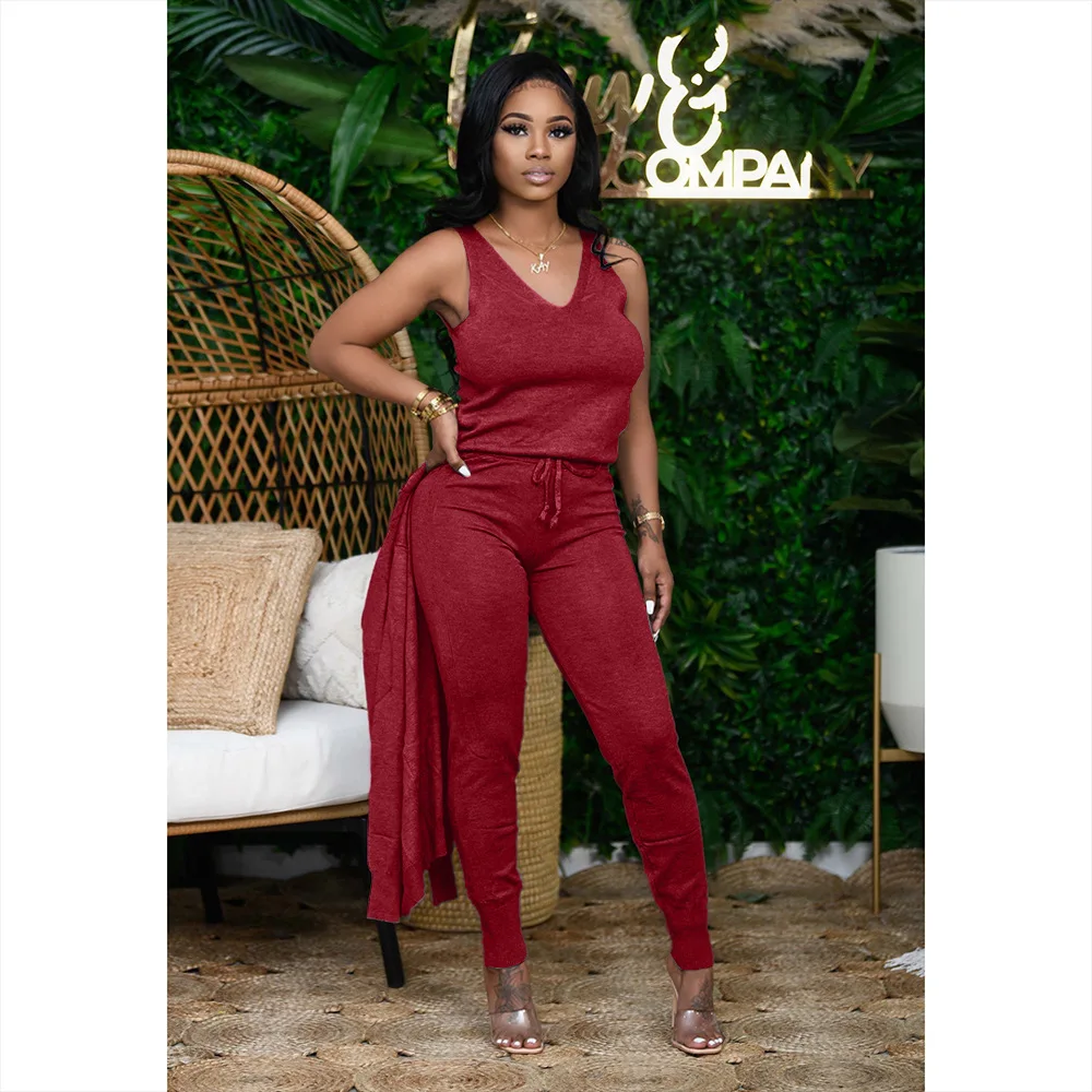 

2022 Autumn Women Elegant Long Coat 3 Pieces Set Fashion O-neck Holiday Comfortable Solid High Waist Tops Pants Fashion Outfits