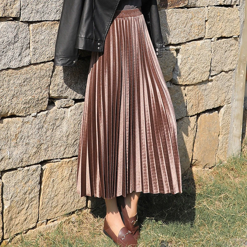 

Four Seasons WomenGold Velvet Skirt Mid-Length Female 2021 Spring New Pleated High-Waisted Thin Large-Length Casual A-line