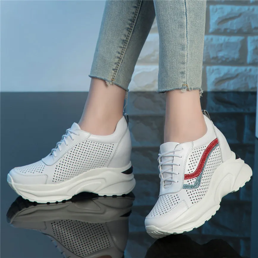 

Girls Summer Sneakers Women Genuine Leather Wedges High Heel Sports Pumps Lace Up Breathable Walking Shoes Female Trainers Shoes