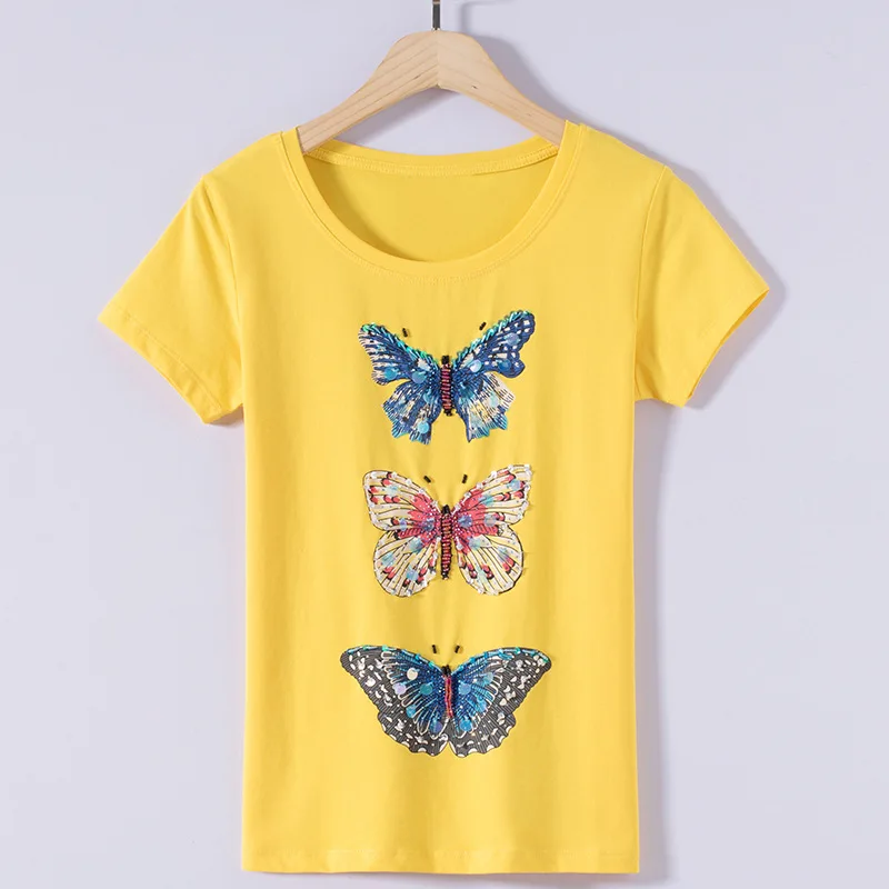 Женские хлопковые футболки Стразы с бусинами бабочками и блестками женские