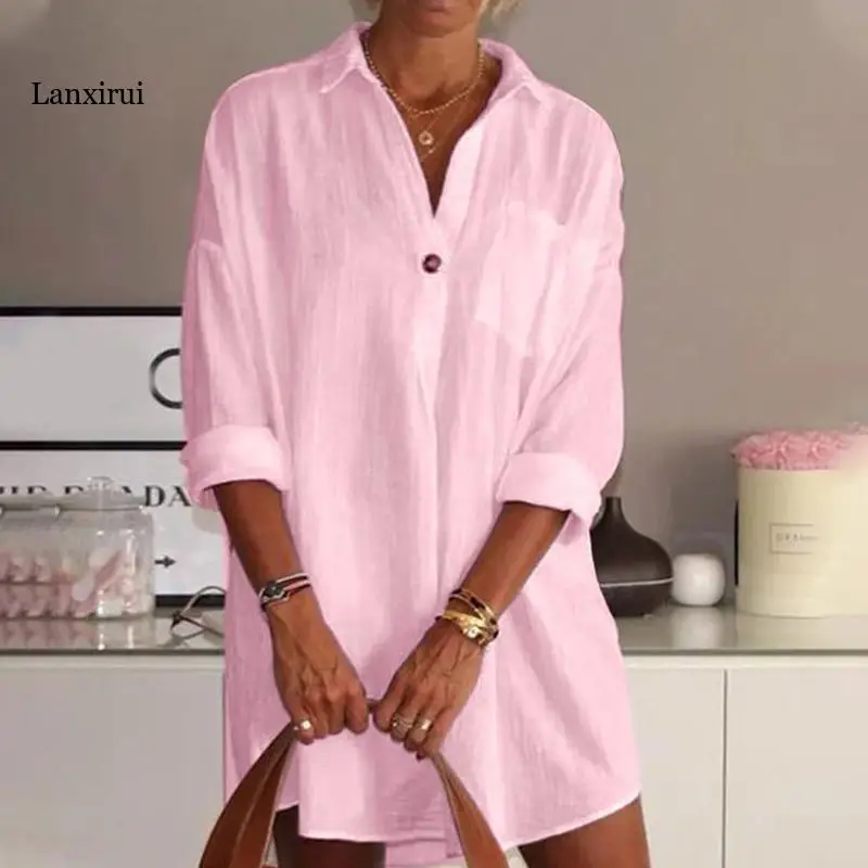 

Женская Лоскутная Длинная блузка на одной пуговице, однотонная Дамская Блузка оверсайз с рукавом девять четвертей, Женские повседневные топы 4XL