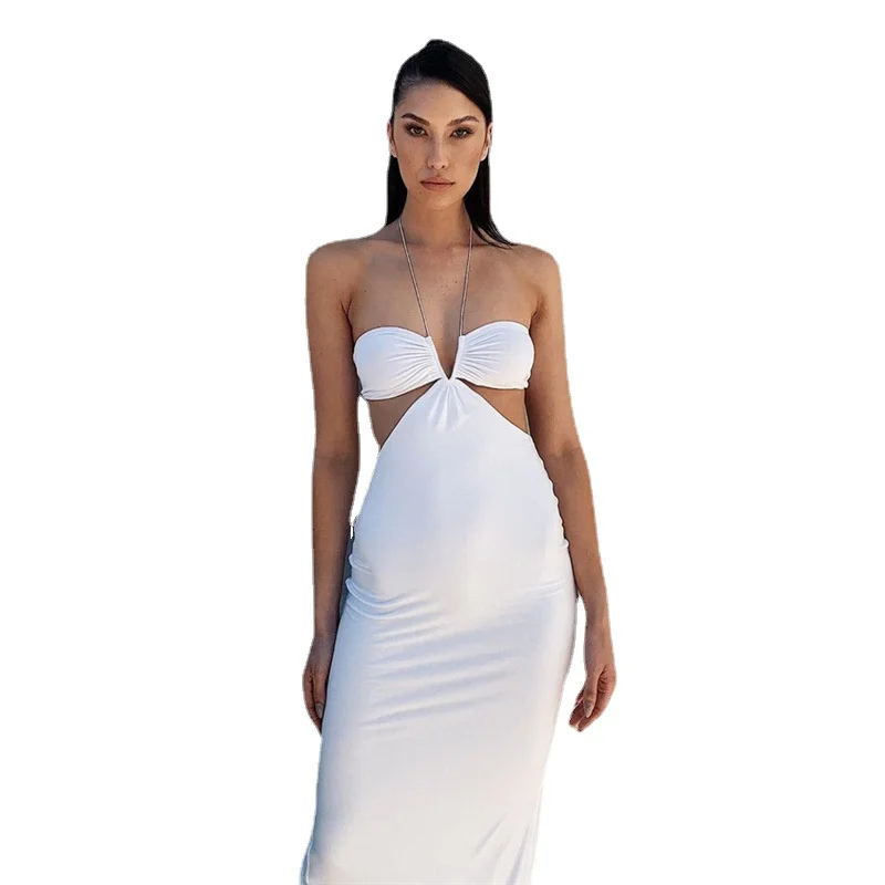 

Woman Spaghetti straps Halter Midi dress Solid Color V Neck Hollow out Backless Split dress S-L 2Color K21D00849