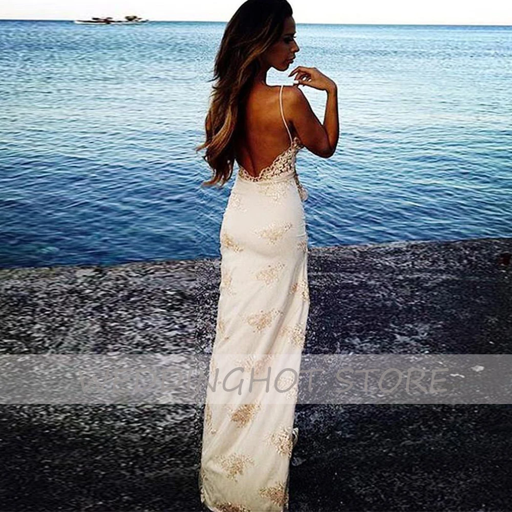 

Spaghetti Straps Evening Dresses Long 2021Sweetheart Side Split Front Backless Lace Mermaid Appliques Prom Dress robes de soire