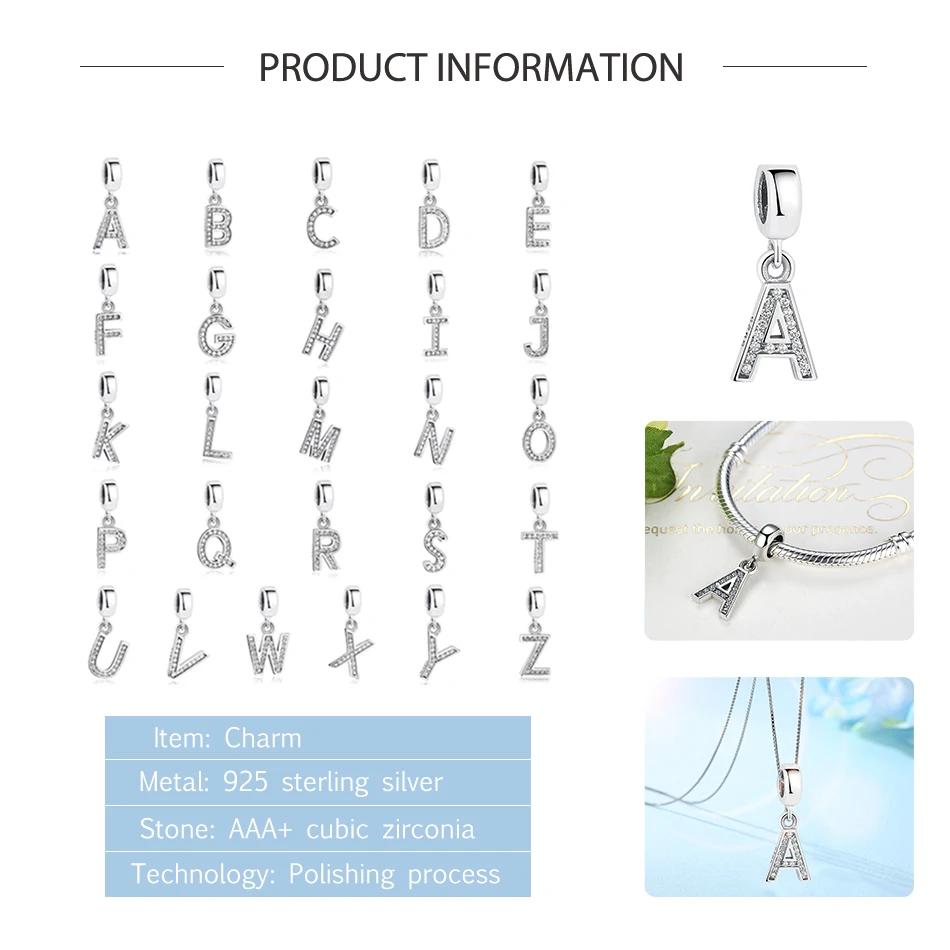Подлинное 925 пробы Серебряная бусина буква подбираемые Подвески Серебро