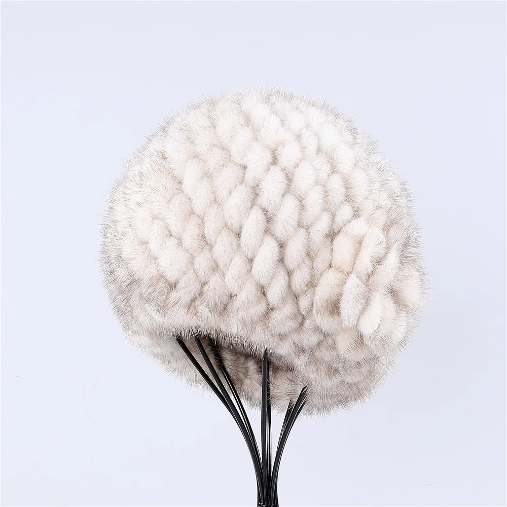 Women's Winter Mink Fur Knitted Beret Hat Real Fur Beanie Top Caps With Flowers