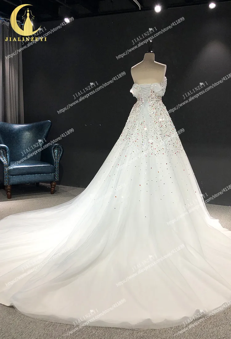 Rhine real Pictures Off the shoulder full sequins and crystal A-line платье на выпускной Wedding gown wedding dresses