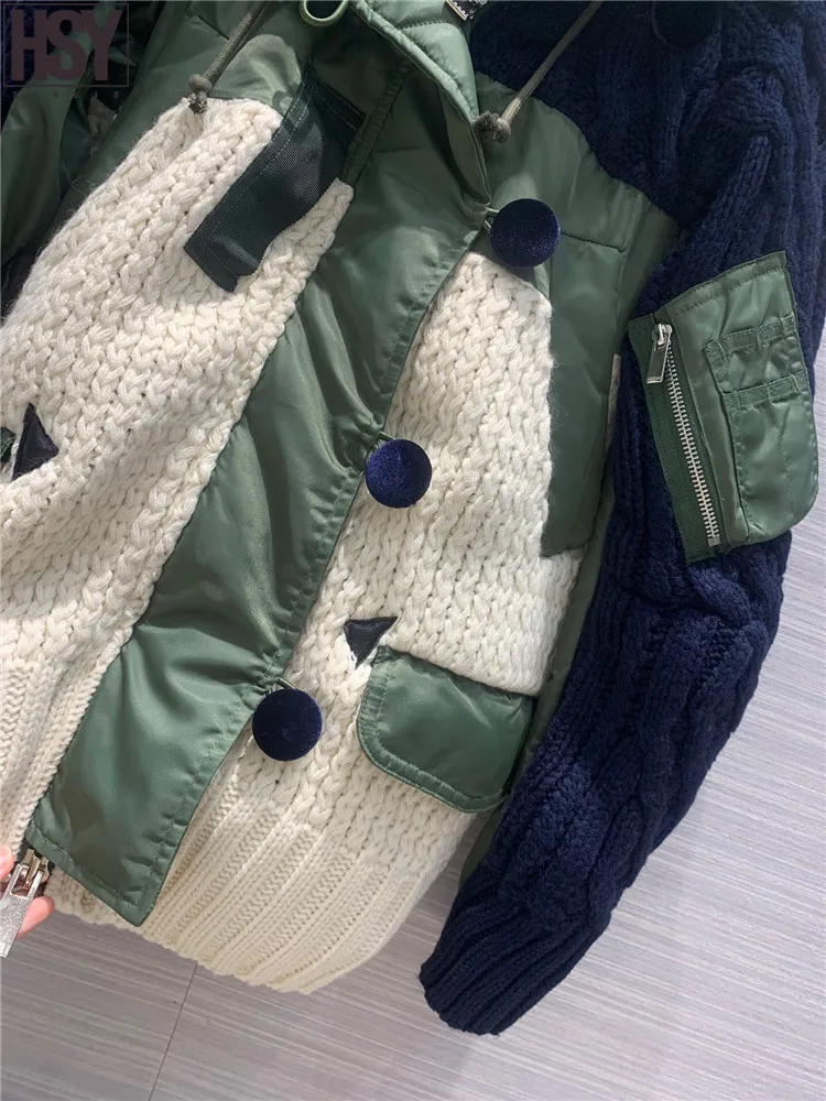 【HSY】2019 Осень Зима Новая Женская Лоскутная куртка мешковатая грубая вязаная