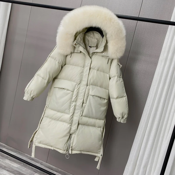 

Thick Parkas Artificial Fur Windbreak Warm Snow Outwear Winter Real Fur Hooded Long Jacket Women White Duck Down Coat