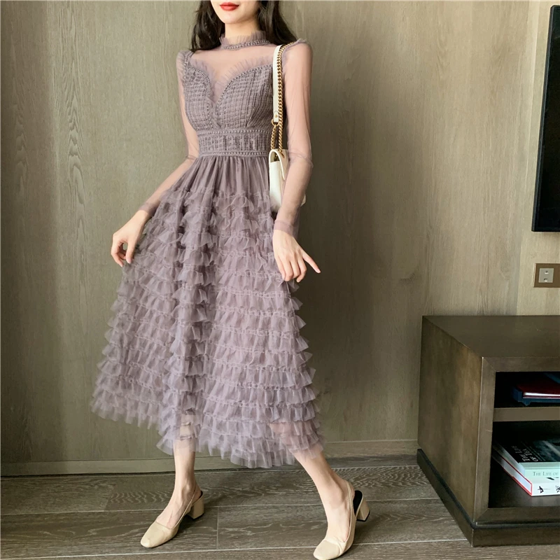 

fashion brand temperament Women's Clothing Dresses patchwork ruffles o-neck empire a-line knee-length vintage style spring