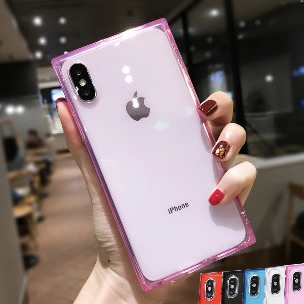 For iPhone XR 8 7 11 Pro Square Rectangle TPU Clear Shockproof Bumper Transparent Silicone Ultra Soft Slim Phone Case Back Cover |