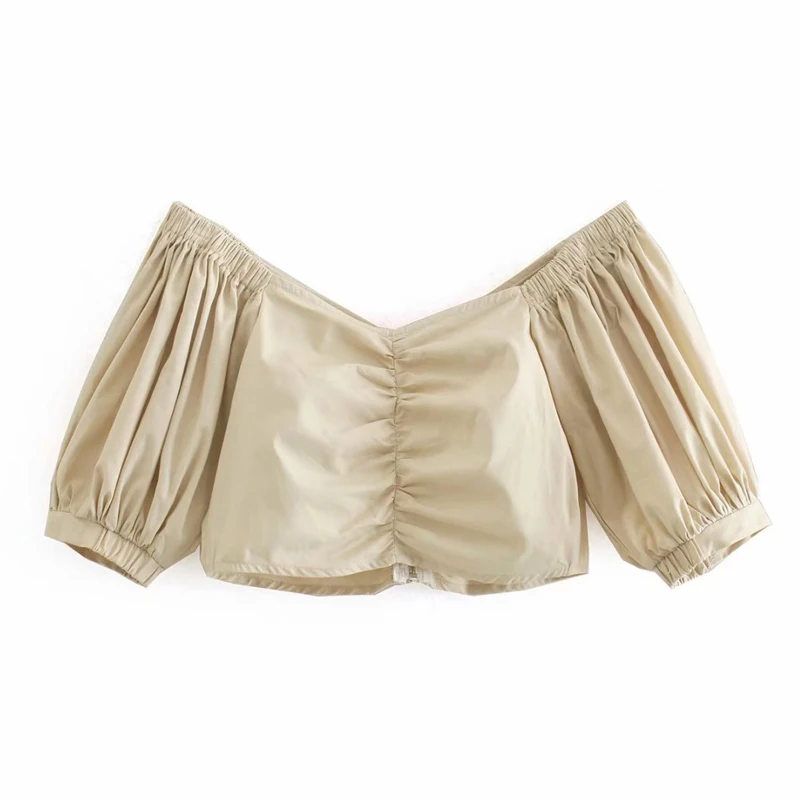

Summer new French sexy T-shirt off shoulder T-shirt off waist short large V-neck Khaki top