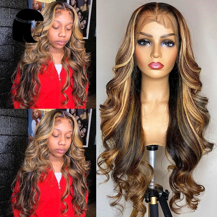 Highlight 13X4 Lace Front Human Hair Wigs With Baby Hair For Women Honey Blonde Brazilian Body Wave 4x4 Closure Human Hair Wigs