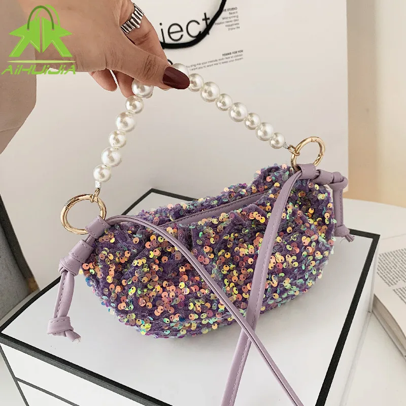 

Summer New Woman Fashion Dinner Handbag Pearl Chain Sequins Girl Shoulder Bag 2021 Luxury Design Ladies Travel Messenger Bags