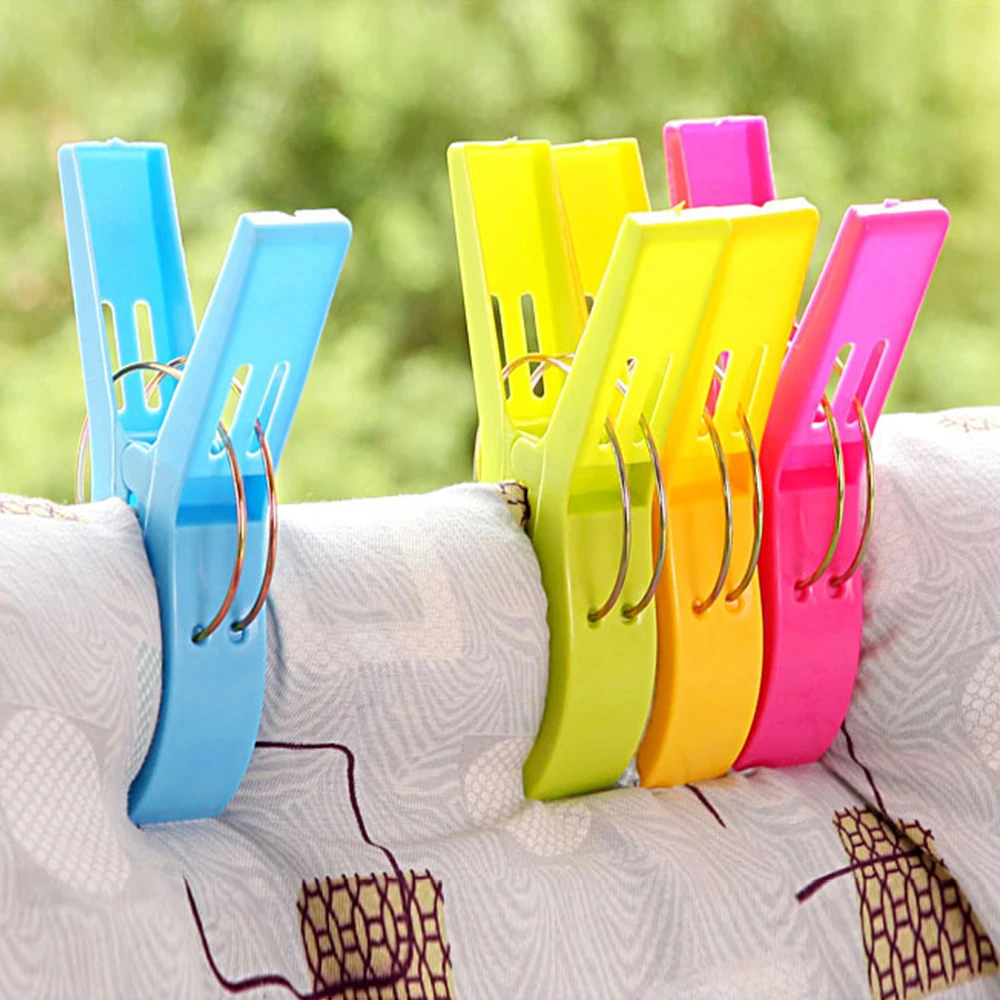 

High Quality 4pcs Large Bright Colour Clothes Clip Plastic Beach Towel Pegs Clothespin Clips To Sunbed Home Wardrobe Storage