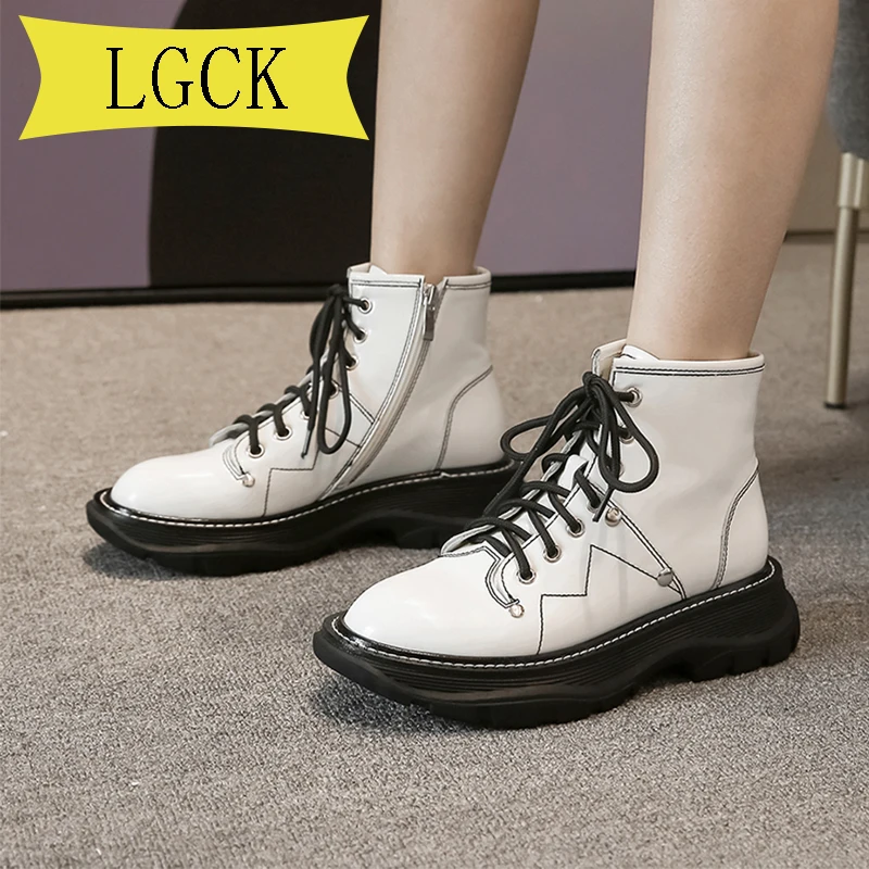 Online Ukuran 34-40 Sepatu Wanita Sepatu Pergelangan Kaki Musim Gugur British Kulit Asli Tebal Dengan Sepatu Bot Pendek Sepeda Motor Martin Sepatu