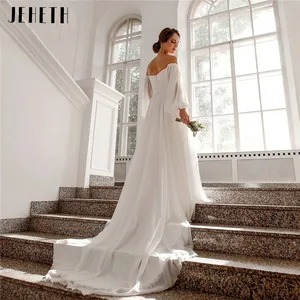 JEHETH Off the Shoulder Chiffon Boho Wedding Dress 2022 V-Neck Long Lantern Sleeves A-Line Beach Bridal Gowns vestidos de novia