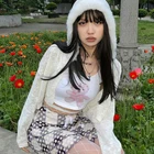 Женское плюшевое пальто с капюшоном, однотонная облегающая повседневная короткая куртка с длинным рукавом и пупком