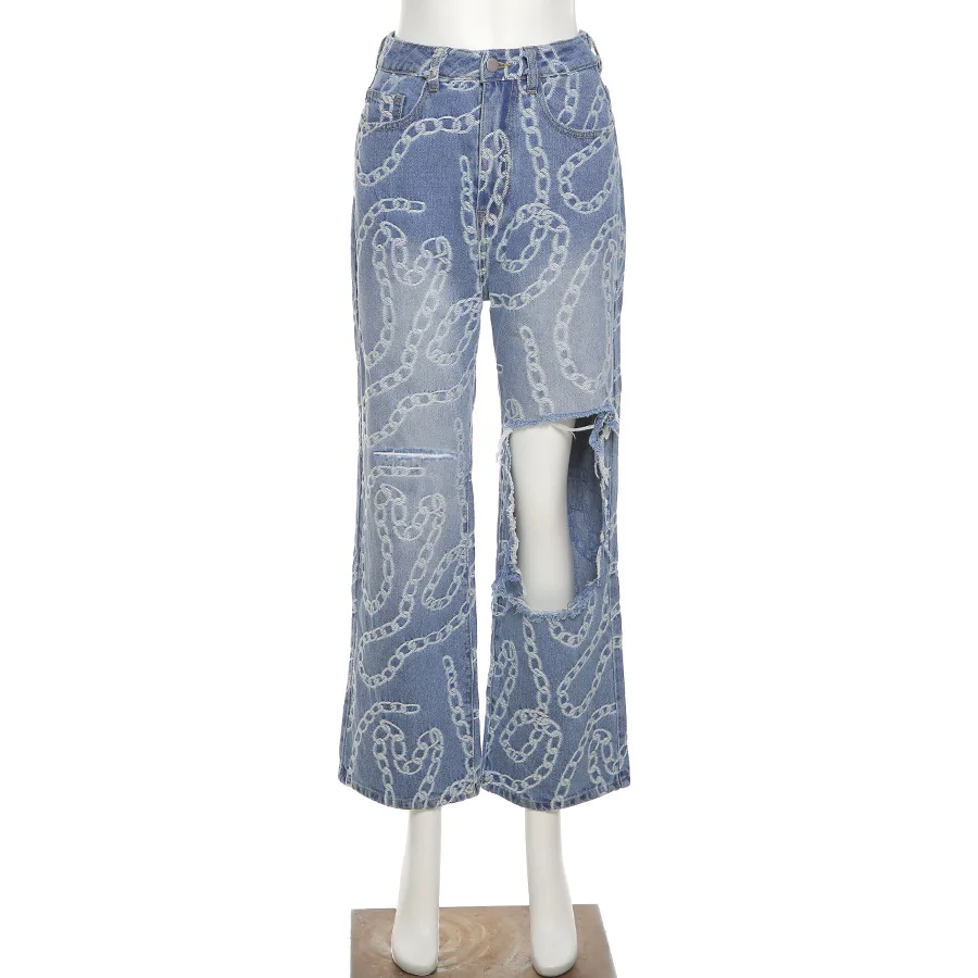 

2021 New Arrival Summer Style Female Fashion Sexy Summer Loose Print Blue High Waist Night Club Denim Stright Pants