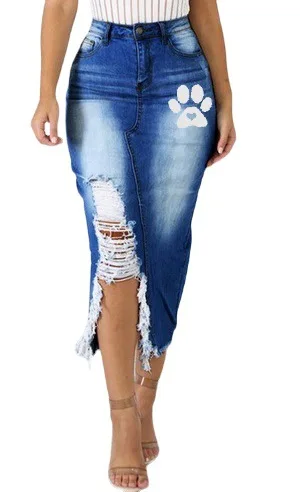 

Mandylandy Women's Casual High Waist Slit Dog Paw Printed Denim Skirt Spring and Autumn Fashion Denim with Hole Slim Skirt