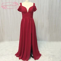 real bridesmaid dresses wine red pleats a line side slit burgundy chiffon wedding guest dresses party dresses long