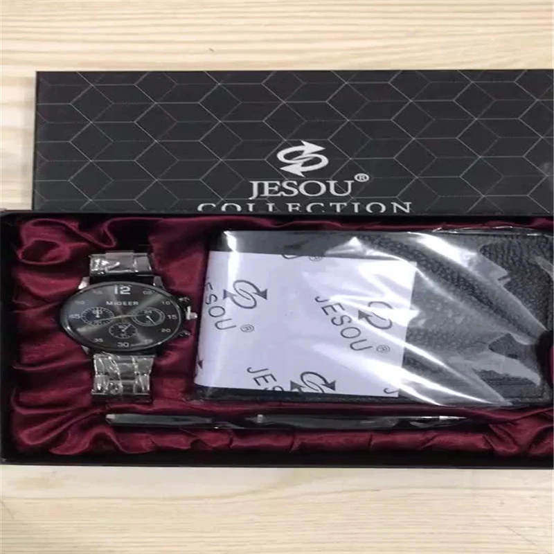 

3pcs/set boutique gift set wallet + cool big dial quartz watch + pen